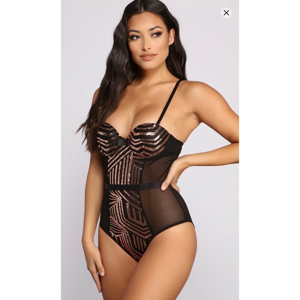New! Black Fuchsia by Secret Lace Sequin Panel Mesh Bodysuit Black Size‎ Small